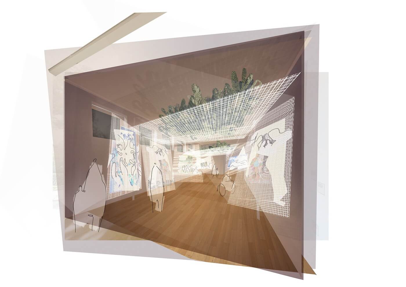 Auftaktraum bei Nacht, Projektion der Szenen auf luftdurchlässigem Mesh (Skizze)
© 2023 gewerkdesign Berlin