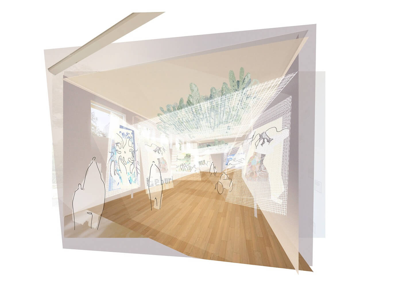 Auftaktraum bei Tag, Projektion der Szenen auf luftdurchlässigem Mesh (Skizze)
© 2023 gewerkdesign Berlin